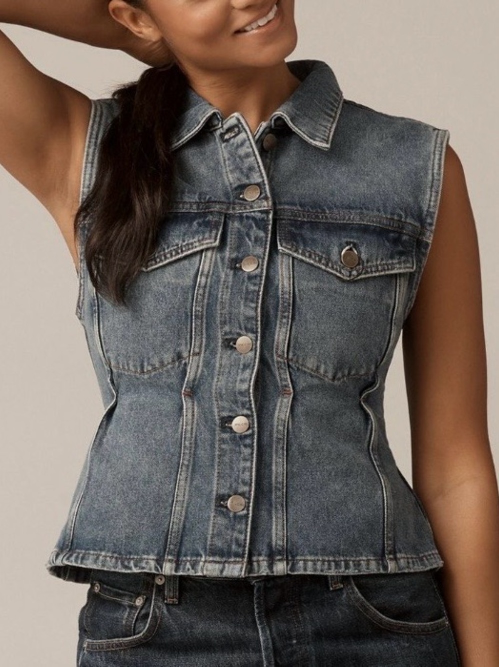 Anthropologie Pilcro Strong Shoulder Peplum
Denim Vest XL EUC